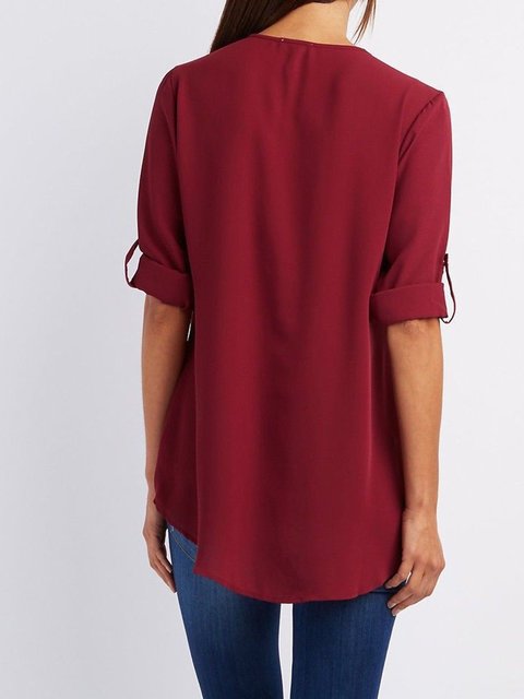 Chiffon Half Sleeve Zipper Solid V Neck High Low Red Womens Blouse